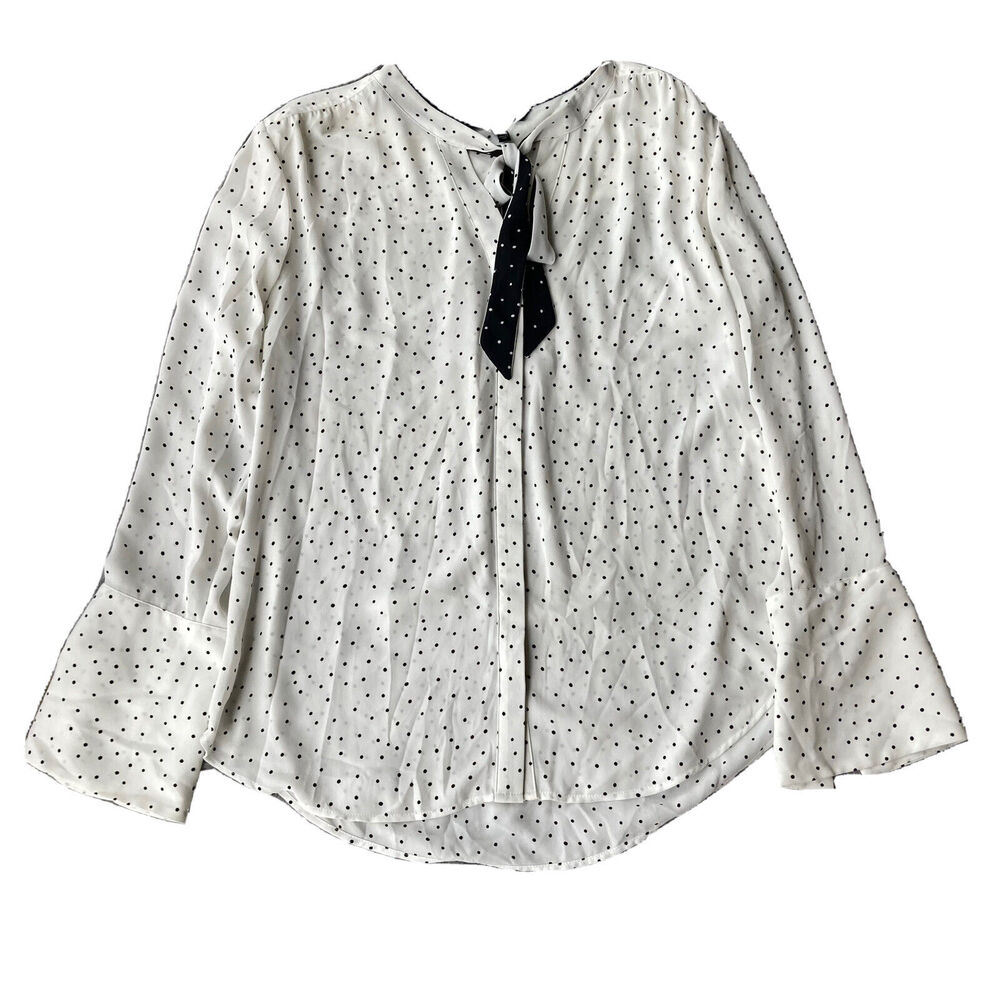 White House Black Market Blouse Sz 14 White Polka Dot Tie Neck Romantic Coquette